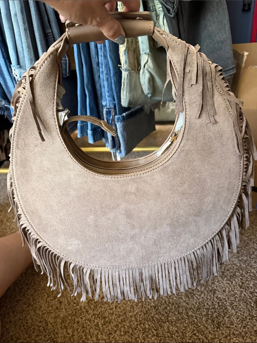 Trendy boutique Taupe Fringe Crescent Hobo Bag